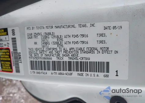 2019 Toyota Tacoma Sr из США, поврежденный, VIN 5TFSX5EN7KX068666